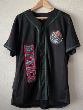 Mexico Baseball Jersey Black Green Red White Button-Down Fan Shirt Sz M